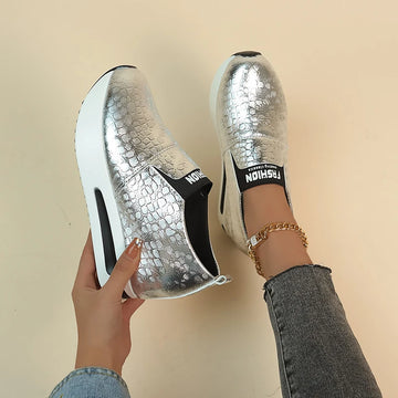 Xajzpa Patent Leather Wedge Loafers Shoes for Women New Height Increasing Platform Sneakers Woman Lightweight Slip On Casual Shoes